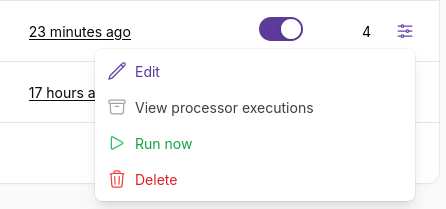 The actions menu on a source row, with Run now visible.