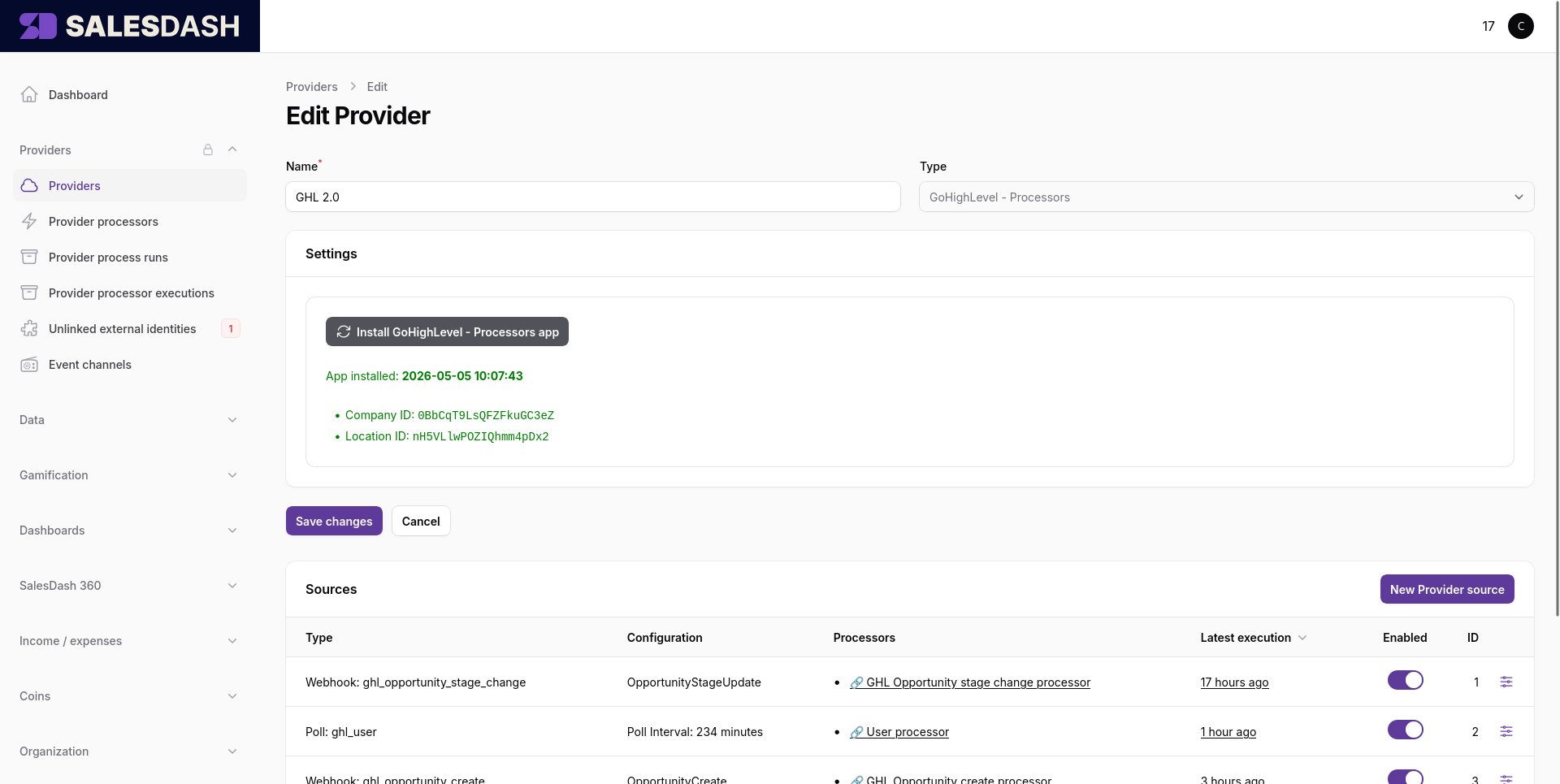 A provider's edit page after creation: name and type at the top, type-specific settings in the middle, and the Sources section at the bottom.