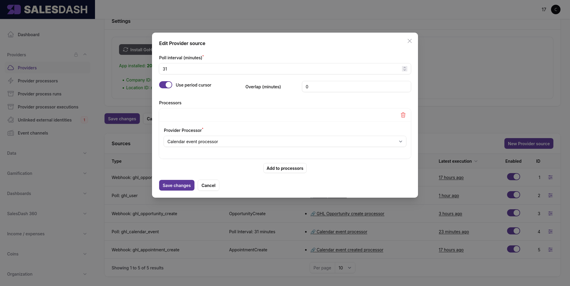 The Edit Provider source modal for a poll source: poll interval, period cursor, overlap, and a Processors section at the bottom for linking processors.