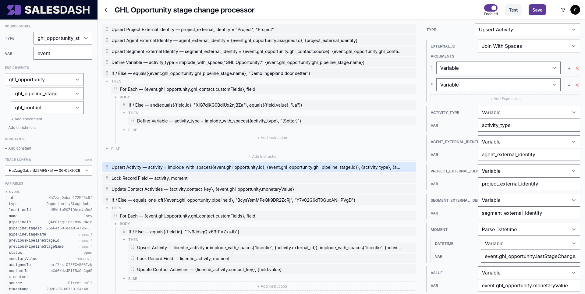 The Spec Builder with a real processor open: source model and enrichments in the left panel, the instruction stack in the centre, and the inspector for the selected instruction on the right.