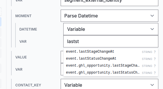 Typing into a variable picker filters the dropdown to matching paths. Each suggestion shows its type alongside.