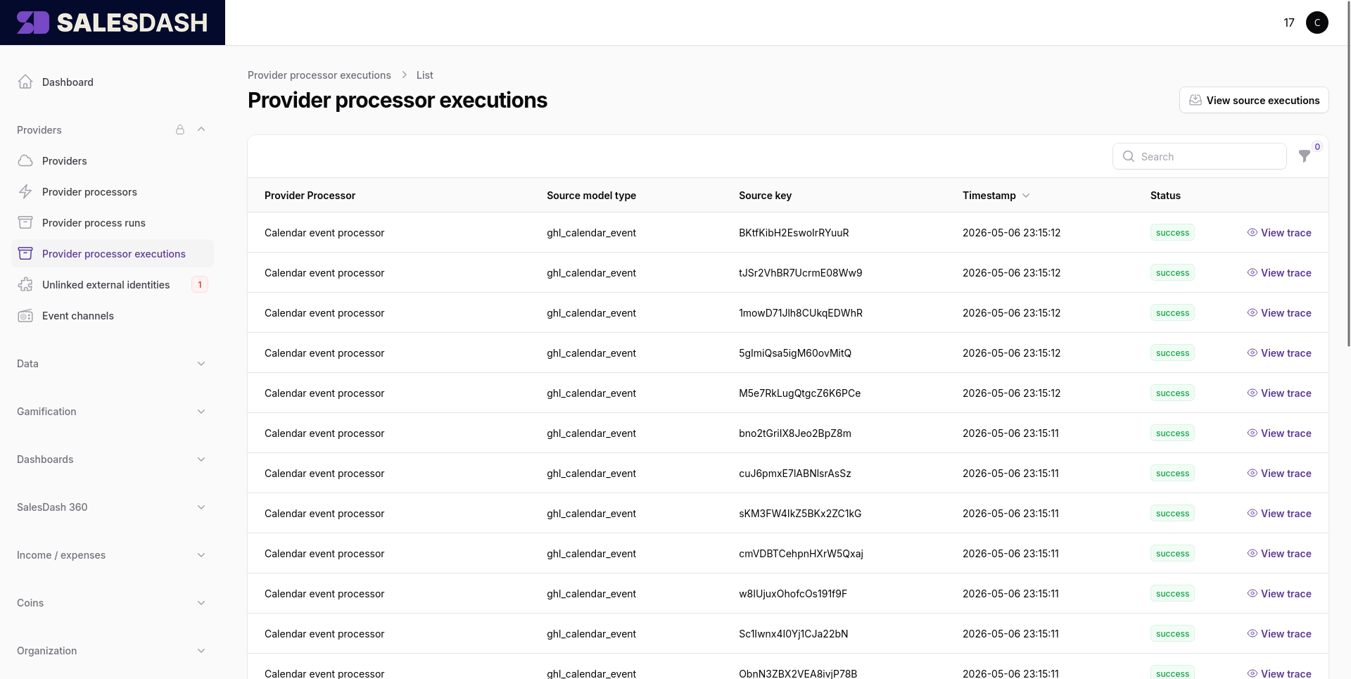 The Provider processor executions list, with one row per (source model × processor) run.