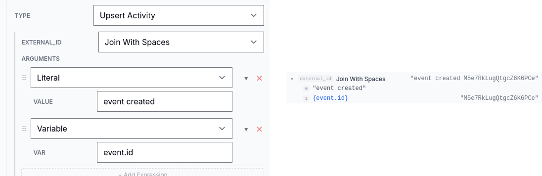 Close-up of the inspector showing an external_id built with  — the literal  and the resolved value of  shown alongside the inputs.
