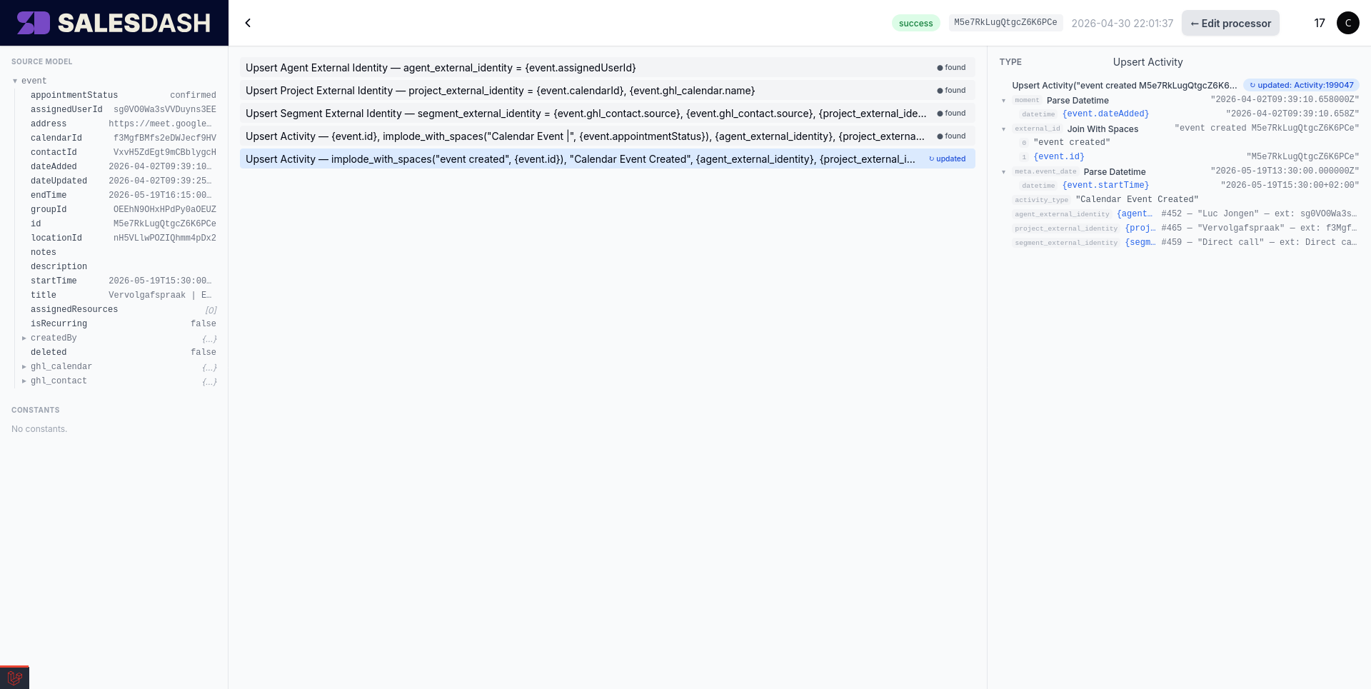 Trace mode: the source model's actual values on the left, per-instruction execution status in the centre, the selected instruction's resolved values on the right.